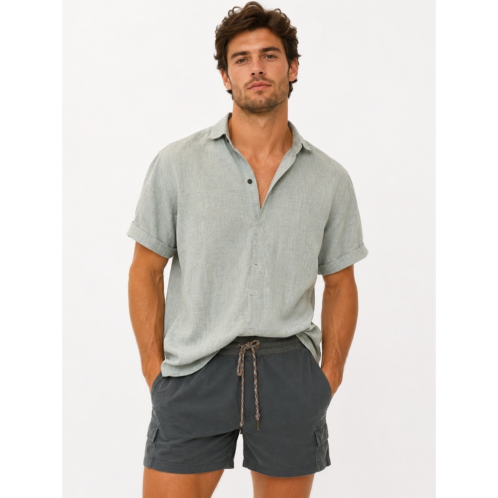 COOFANDY Button Down Mens Medium Gray Linen‎ Blend Short Sleeve Shirt Vacation